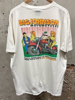 Vintage 90s Big Johnson Ride A Hog Double Sided Biker Tee Distressed USA Made XL